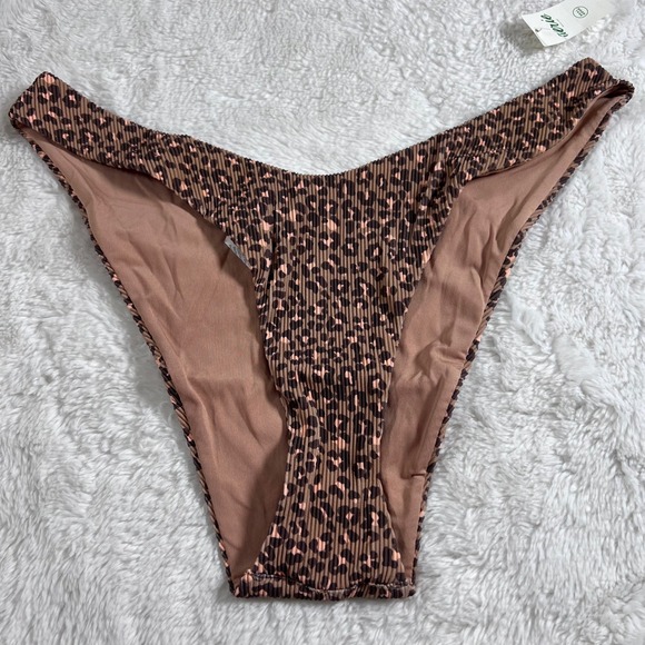 Aerie Cheekiest High Cut Bikini Bottom Leopard Print Ribbed Crinkle Brown Medium - Picture 3 of 11
